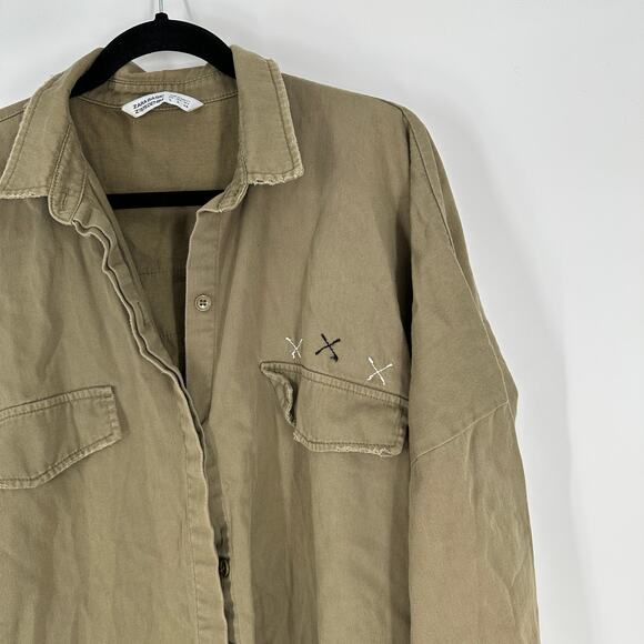 Zara Basic Cotton Army Green Long Sleeve Button Front Shirt Dress Womens Large - Picture 9 of 11